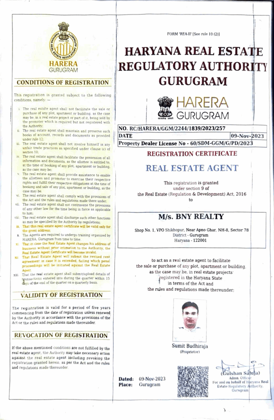 BNY Realty HARERA Registration Certificate RC/HARERA/GGM/2244/1839/2023/257